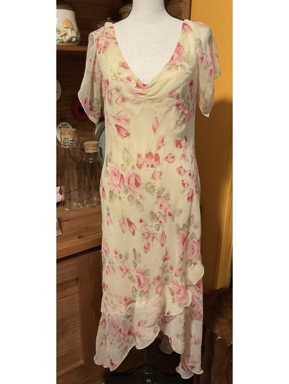 Vtg 1990 Alayn Paige Yellow Pink Rose Flowly Cottagecore Maxi Dress